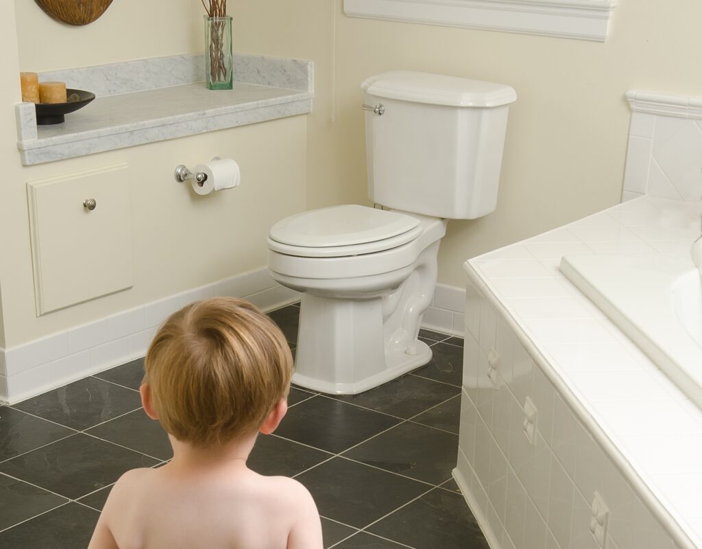 A toddler confronts the challenge that awaits him in learning how to use the toilet. A humorous metaphor for adults confrontiing their own goals.